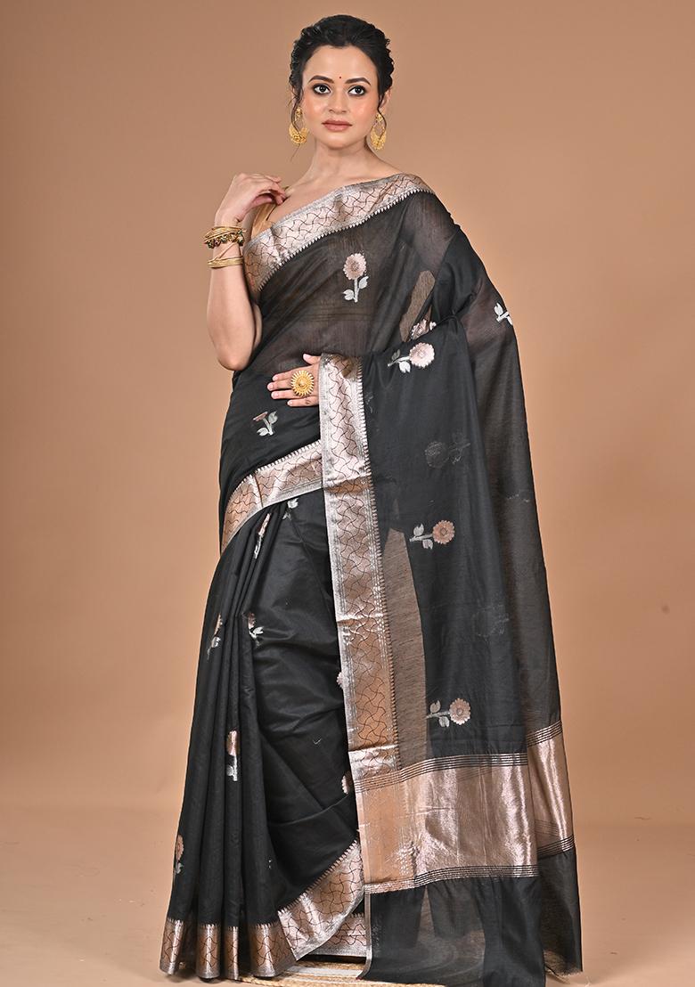 Black Heavy Chanderi Silk Saree - Indya