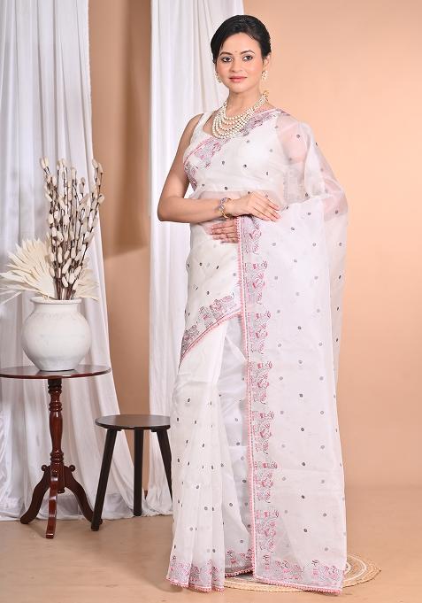 Off White Pure Orzanga Tread Work Saree