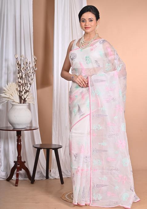 Off White Pure Orzanga Tread Work Saree