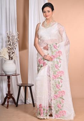 Off White Pure Orzanga Tread Work Saree