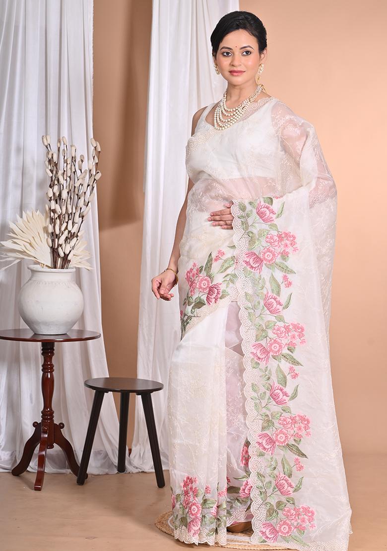 Off White Pure Orzanga Tread Work Saree - Indya