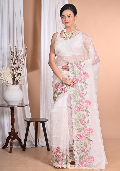 Off White Pure Orzanga Tread Work Saree