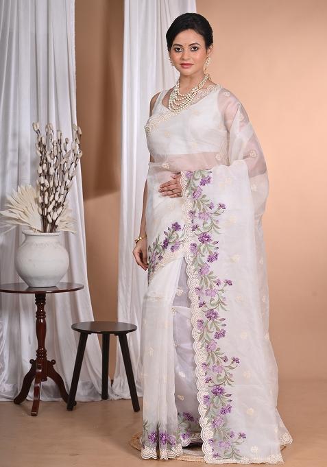 Off White Pure Orzanga Tread Work Saree