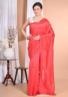 Red Pure Chandari Mirror Work Saree