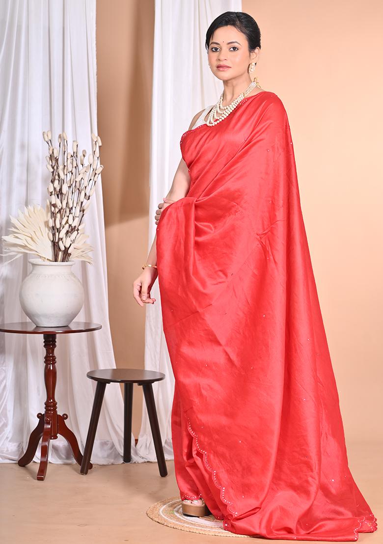 Red Pure Chandari Mirror Work Saree