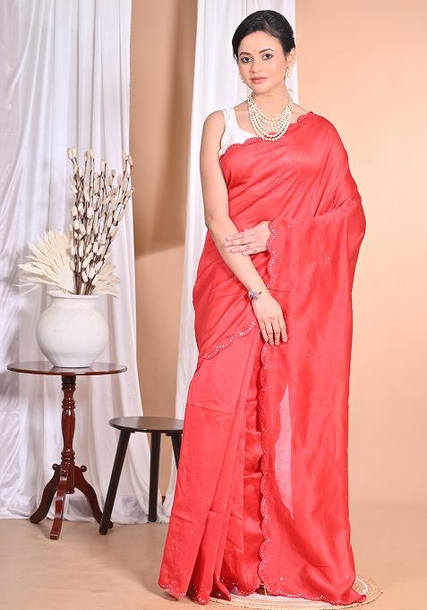 Red Pure Chandari Mirror Work Saree