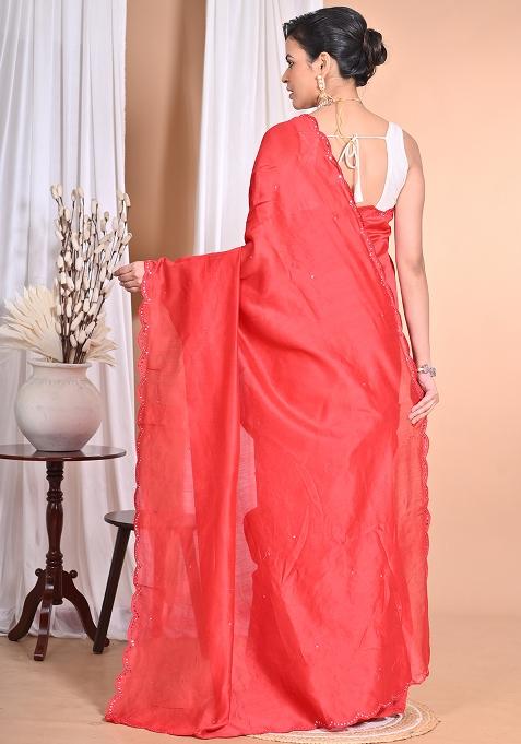 Red Pure Chandari Mirror Work Saree