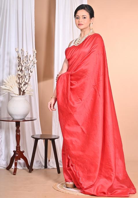 Red Pure Chandari Mirror Work Saree