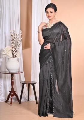 Black Pure Chandari Mirror Work Saree