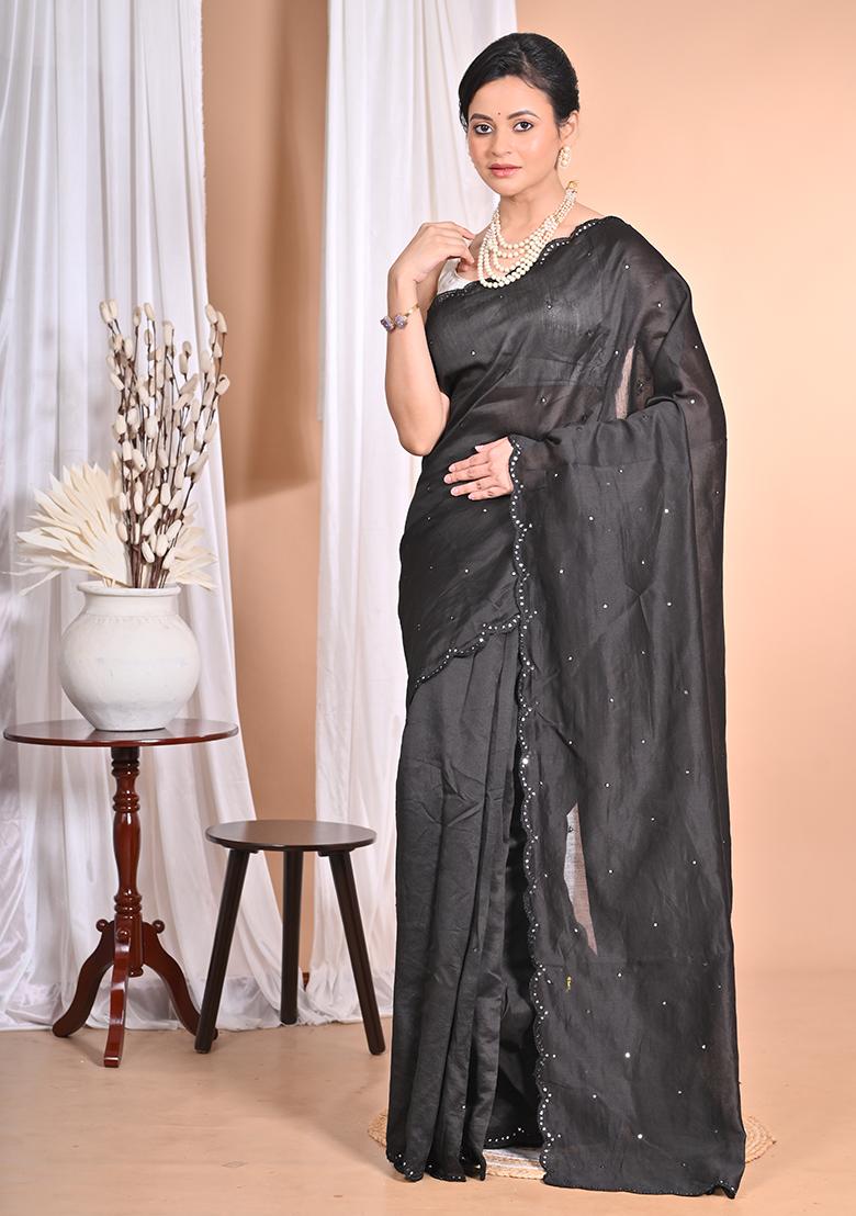 Black Pure Chandari Mirror Work Saree