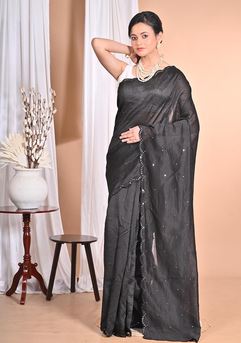 Black Pure Chandari Mirror Work Saree