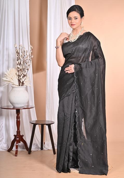Black Pure Chandari Mirror Work Saree