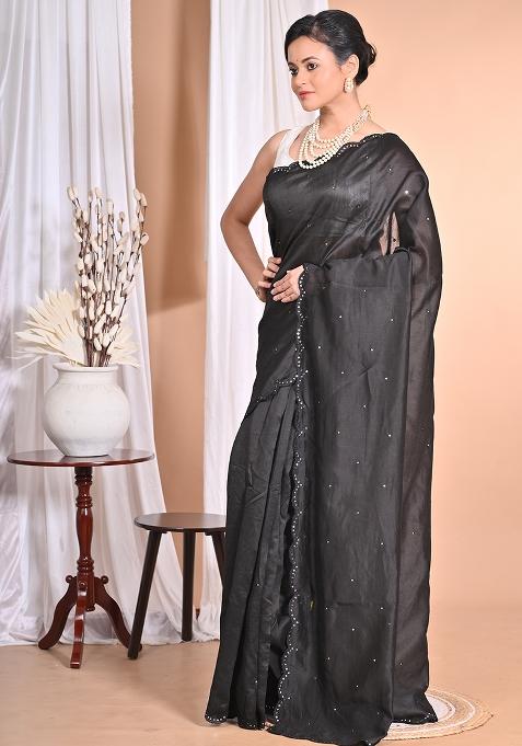Black Pure Chandari Mirror Work Saree