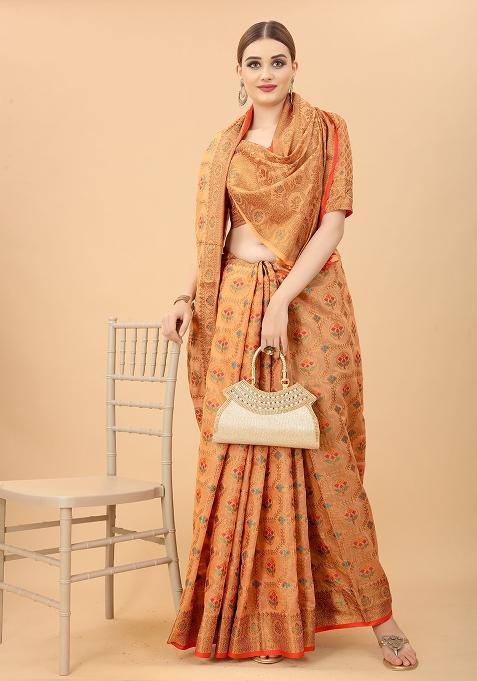 Peach Solid Poly Cotton Saree Set