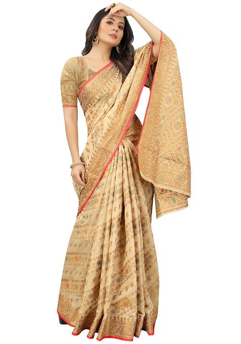 Cream Solid Poly Cotton Saree Set
