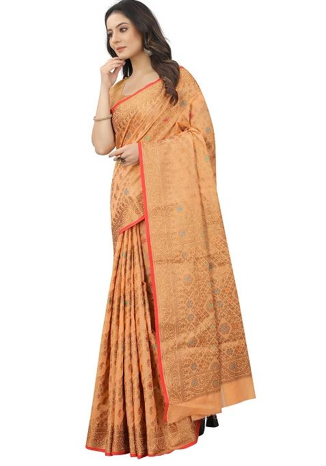 Peach Solid Poly Cotton Saree Set