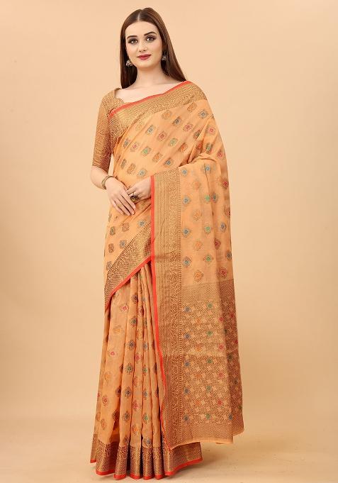 Peach Solid Poly Cotton Saree Set