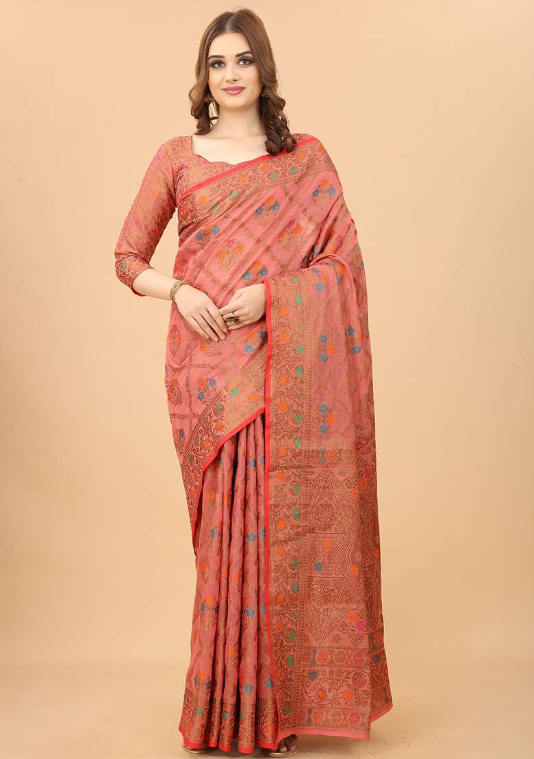 Pink Solid Poly Cotton Saree Set - Indya