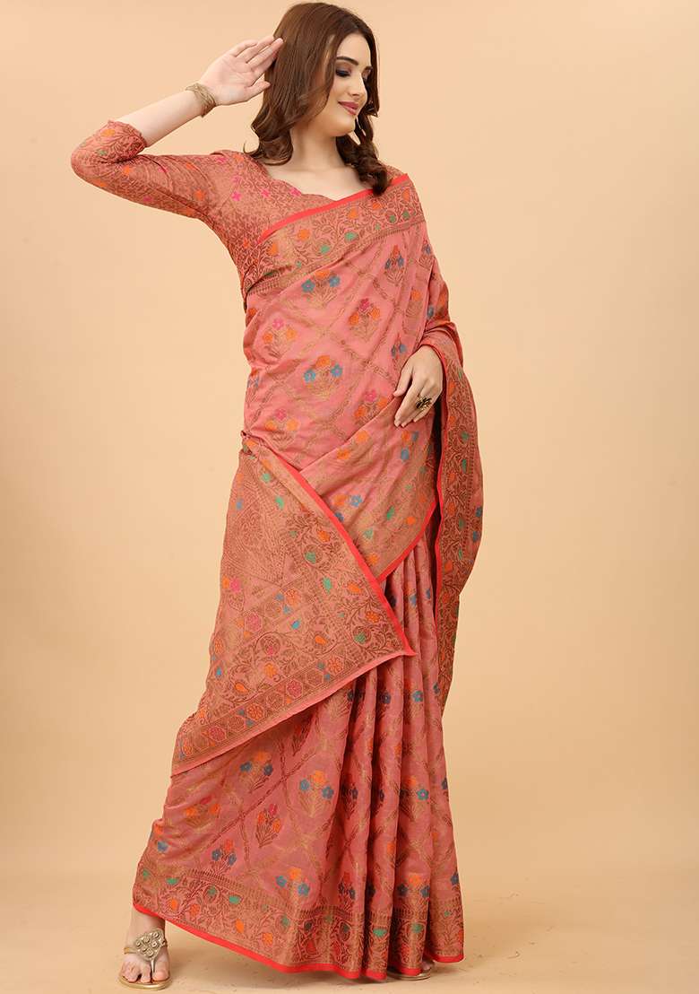Pink Solid Poly Cotton Saree Set - Indya