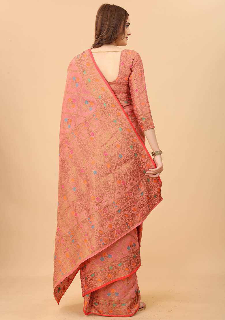 Pink Solid Poly Cotton Saree Set - Indya