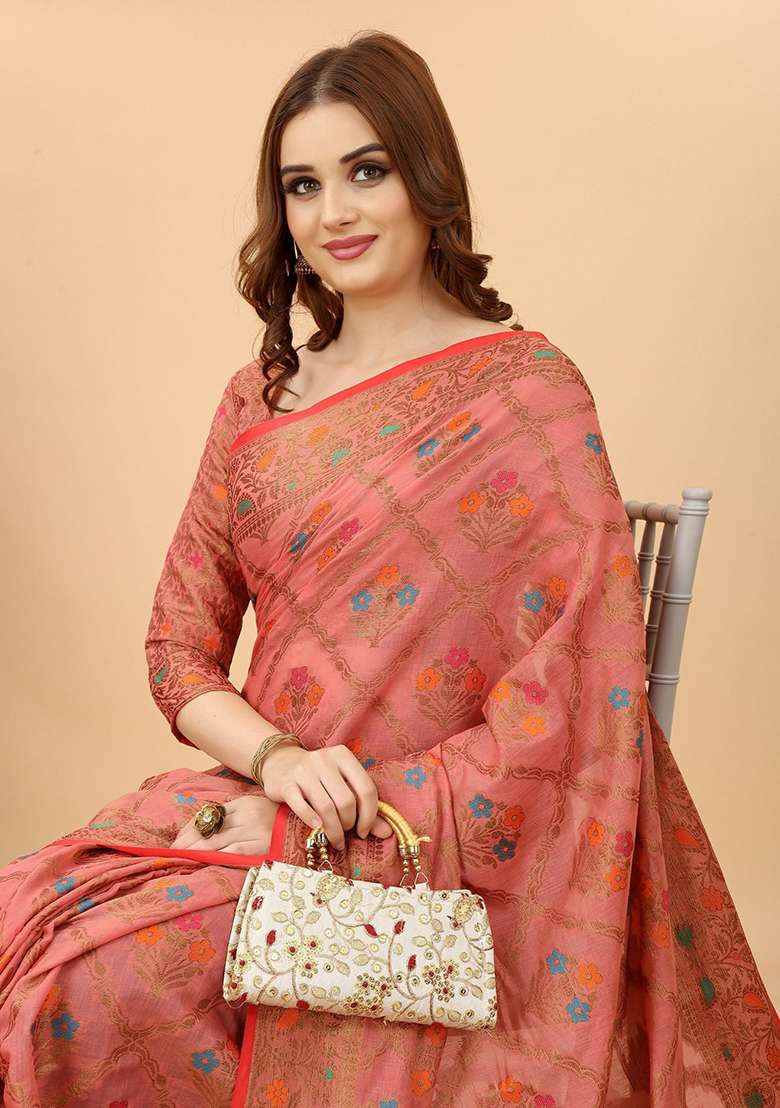 Pink Solid Poly Cotton Saree Set - Indya