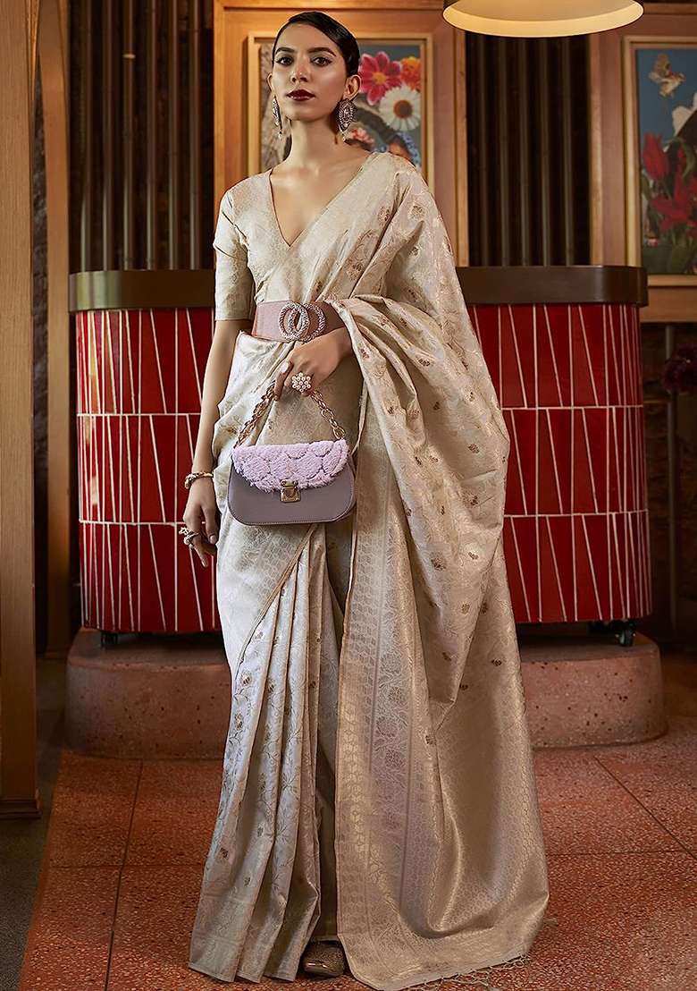 Cream Solid Silk Blend Saree Set for Diwali and Festive Wear - Indya