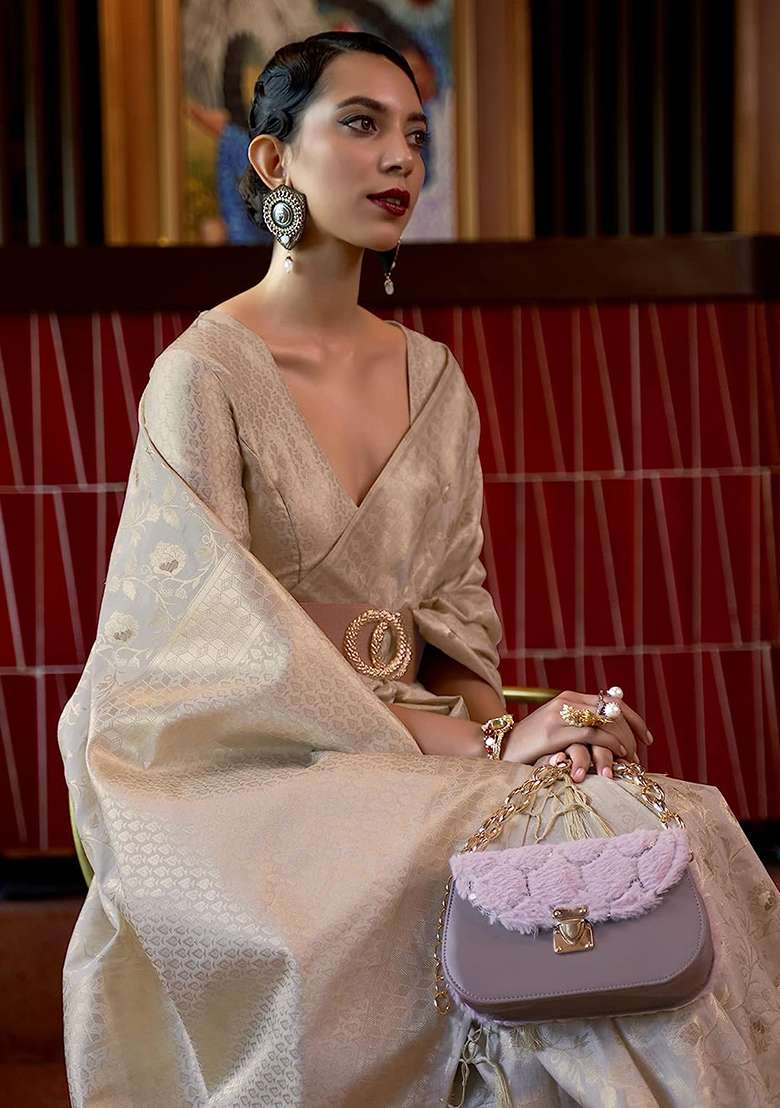 Cream Solid Silk Blend Saree Set for Diwali and Festive Wear - Indya