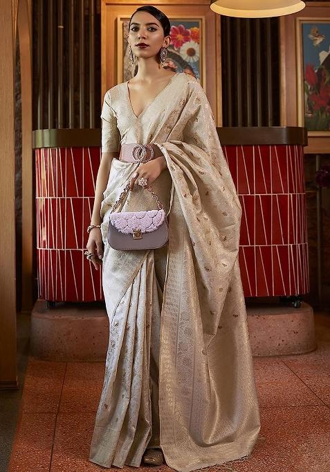 Cream Solid Silk Saree Set