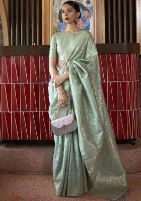 Green Solid Silk Blend Saree Set