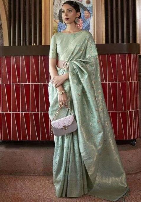 Green Solid Silk Saree Set