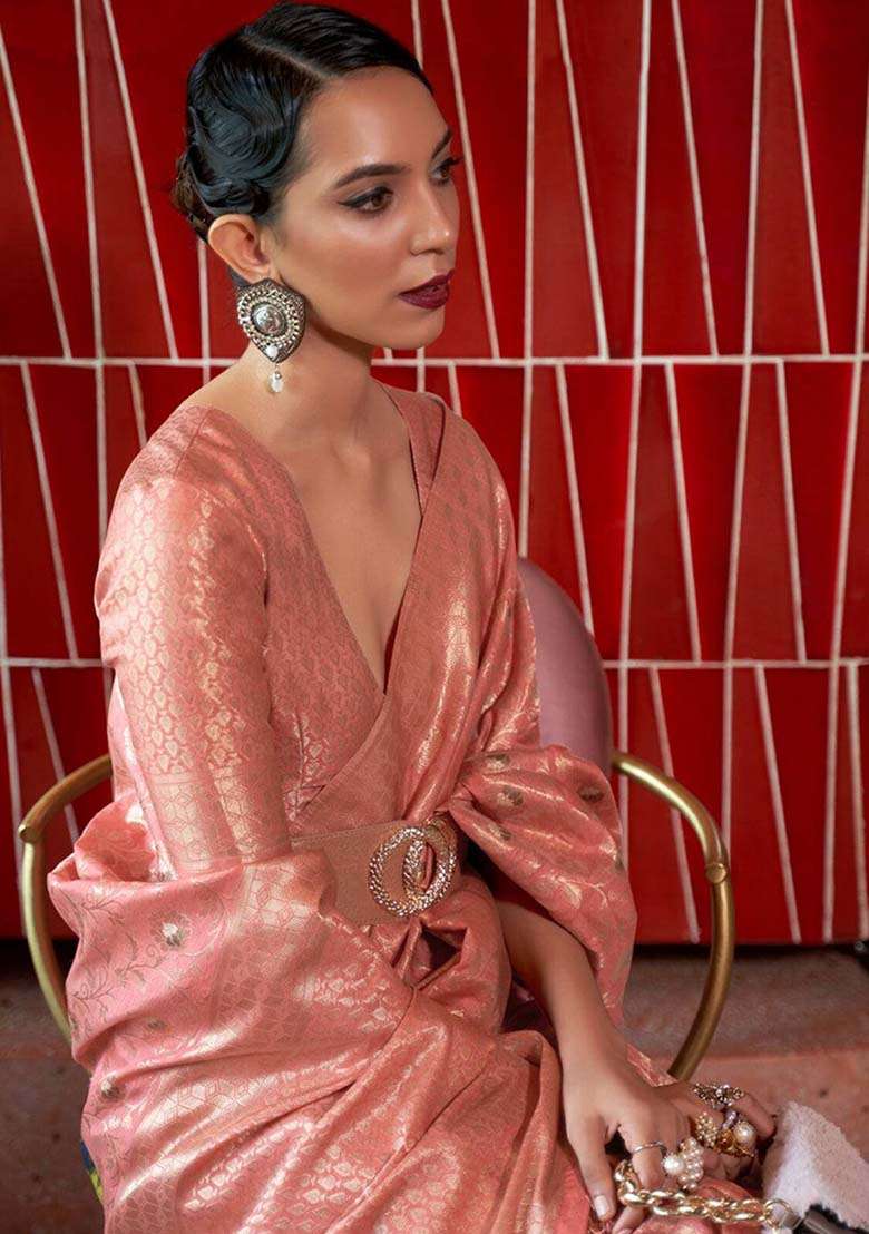 Peach Solid Silk Blend Saree Set for Diwali | Wedding & Festive Wear - Indya