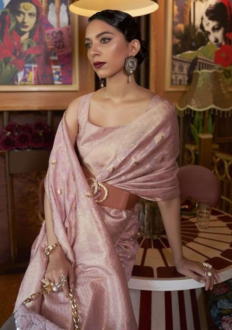 Pink Solid Silk Blend Saree Set for Diwali and Festive Wear - Indya