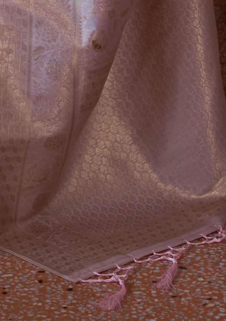 Pink Solid Silk Blend Saree Set for Diwali and Festive Wear - Indya