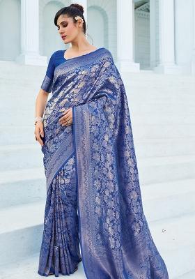 Navy Blue Solid Silk Blend Saree Set