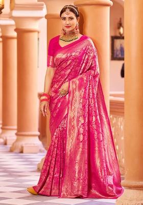 Pink Solid Silk Blend Saree Set