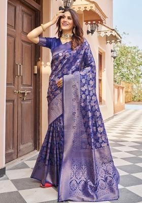 Navy Blue Solid Silk Blend Saree Set