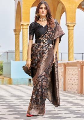 Black Solid Silk Blend Saree Set
