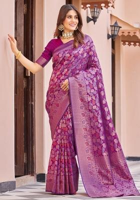 Wine Solid Silk Blend Saree Set