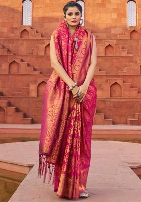 Pink Solid Silk Blend Saree Set