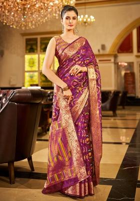 Purple Solid Organza Saree Set
