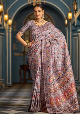 Purple Solid Silk Saree Set