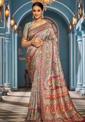 Grey Solid Silk Saree Set