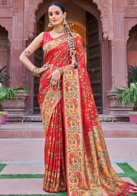 Red Solid Silk Blend Saree Set