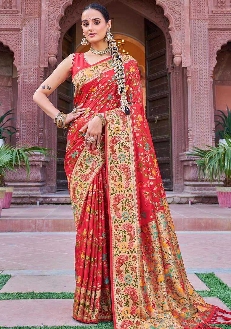 Red Solid Silk Blend Saree Set for Diwali | Wedding & Festive Wear - Indya