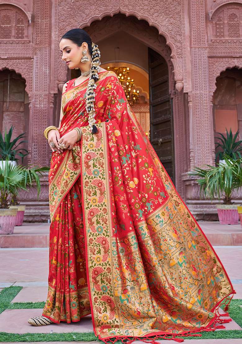 Red Solid Silk Blend Saree Set for Diwali | Wedding & Festive Wear - Indya