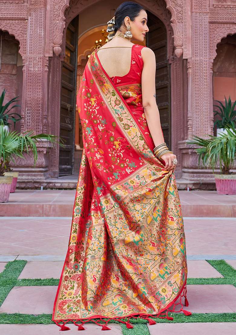 Red Solid Silk Blend Saree Set for Diwali | Wedding & Festive Wear - Indya