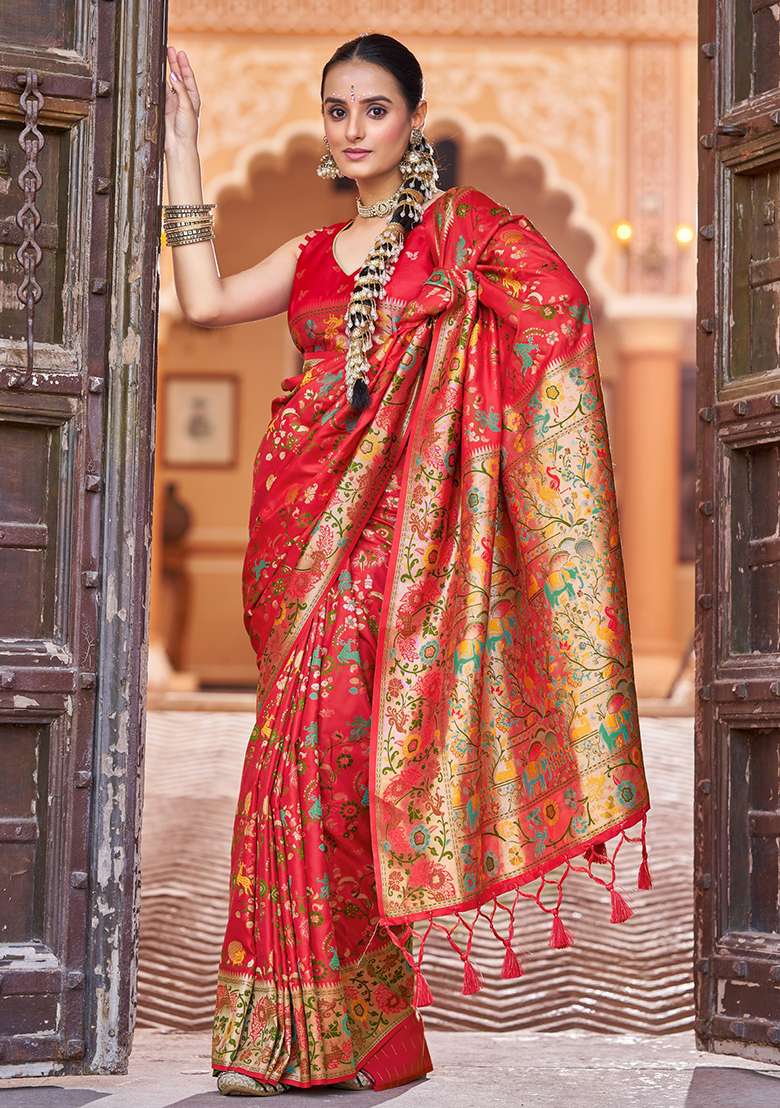 Red Solid Silk Blend Saree Set for Diwali | Wedding & Festive Wear - Indya