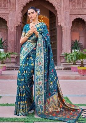 Firozi Blue Solid Silk Blend Saree Set