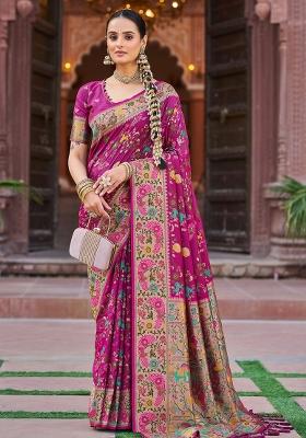 Pink Solid Silk Blend Saree Set