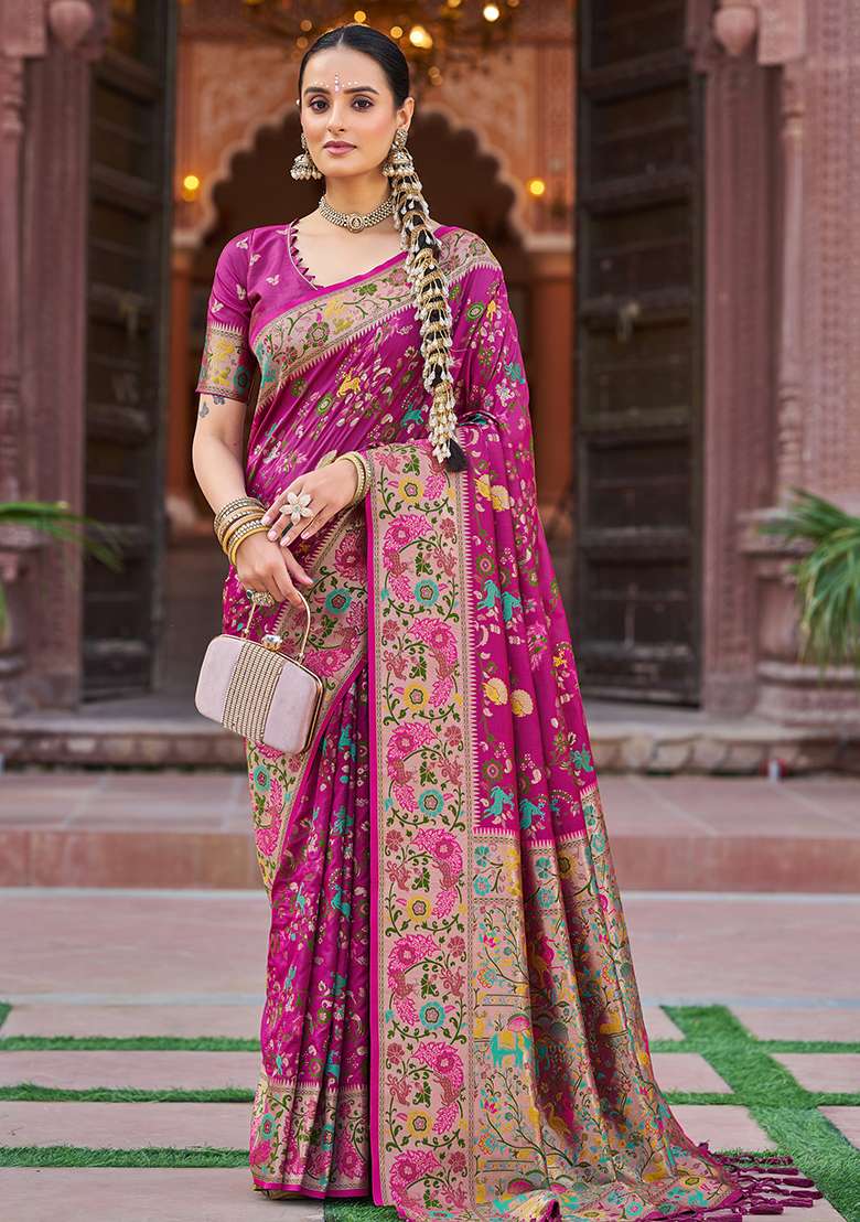 Pink Solid Silk Blend Saree Set for Diwali and Festive Wear - Indya
